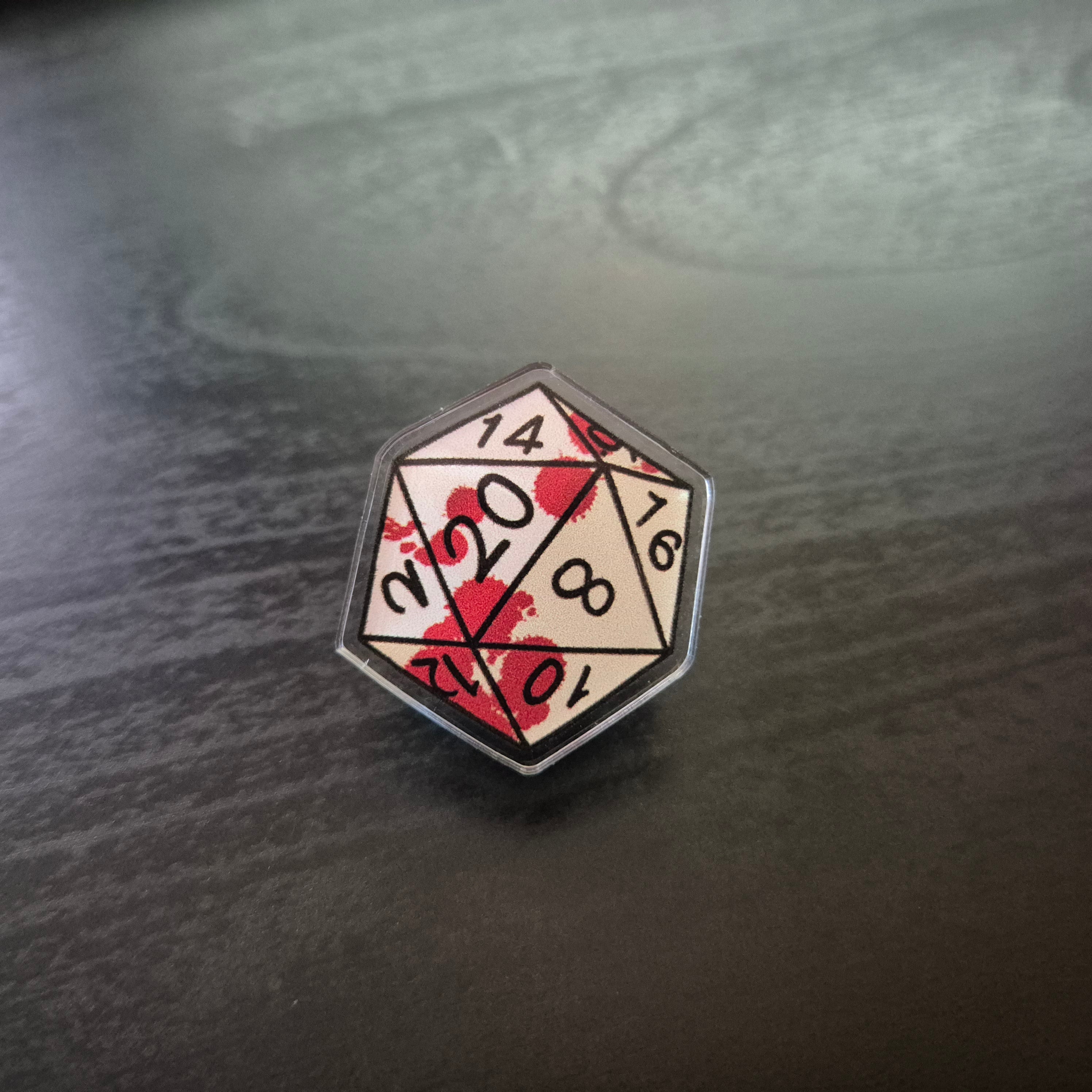 'Blood and Bone' D20 Pin Badge
